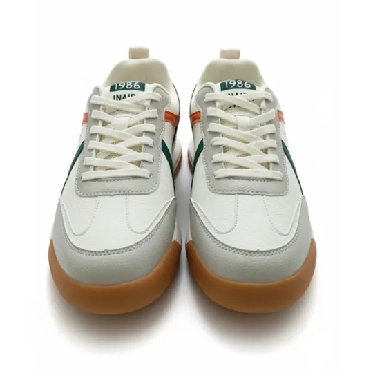 White Sneakers with Red & Navy Blue Stripes